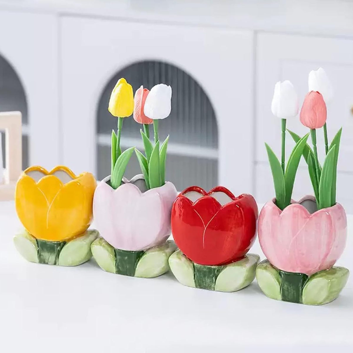 Ceramic Tulip Makeup Brush & Pen Storage Box - Pink Desktop Organizer