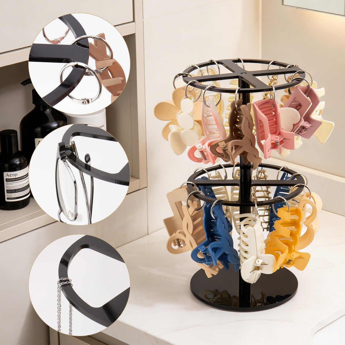 2-Tier Black Acrylic Hair Claw Clip Organizer Rack Large Capacity Storage