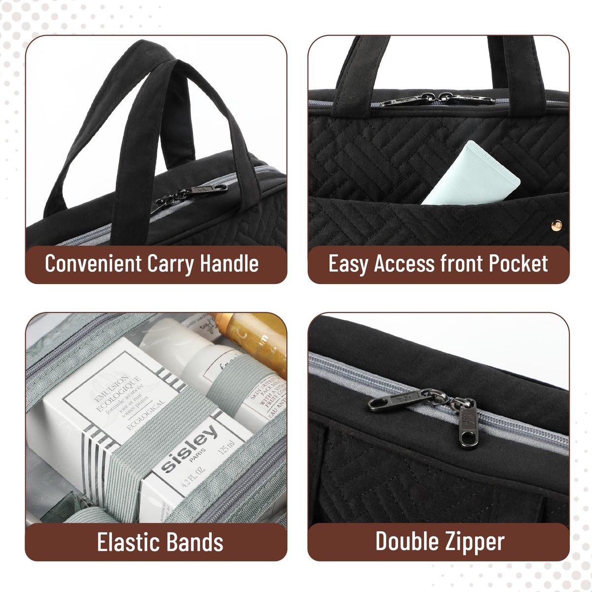 Travel Toiletry Bag for Women & Men with Hanging Hook, Water-Resistant Black