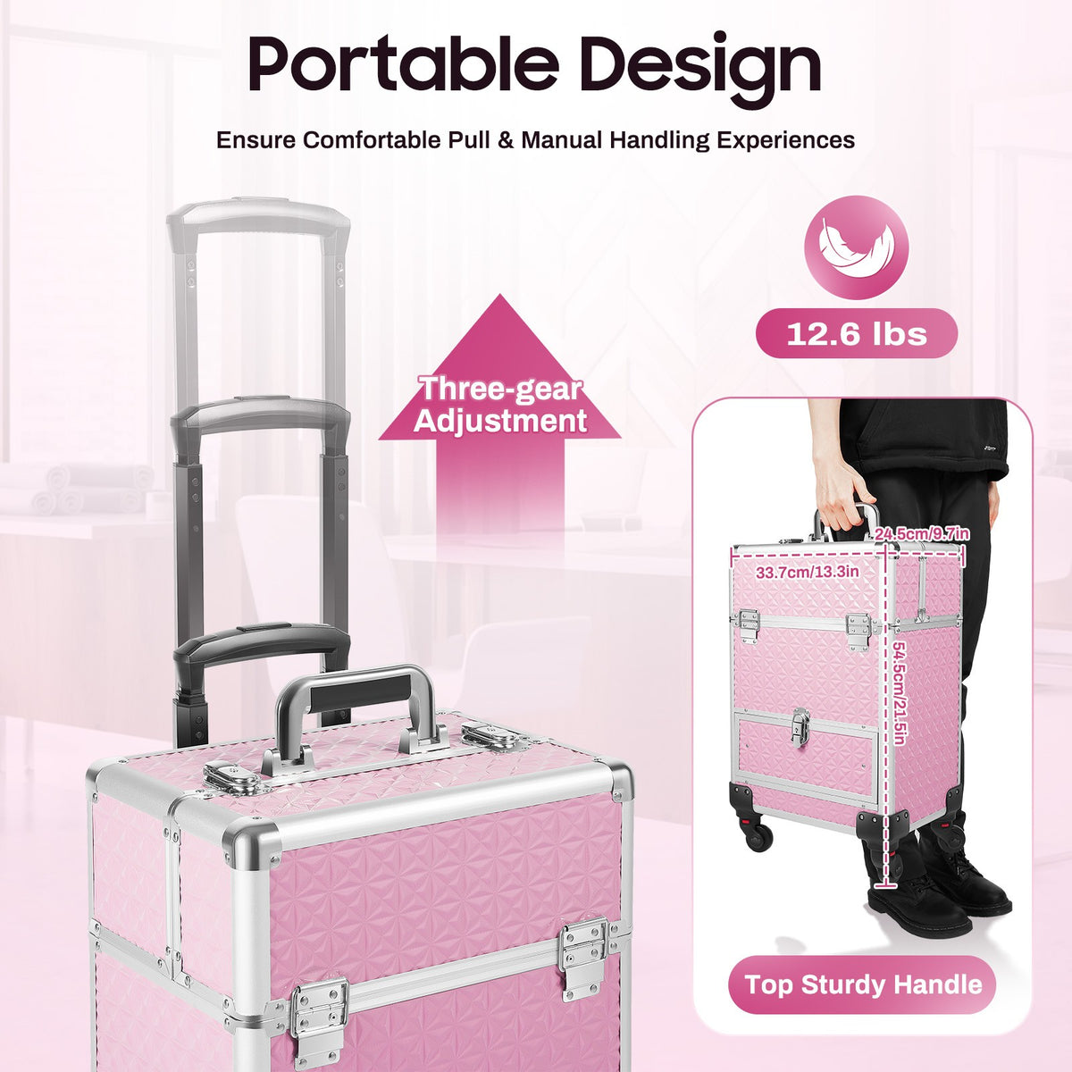 Pink Rolling Makeup Train Case with 7 Compartments and Lockable Drawers