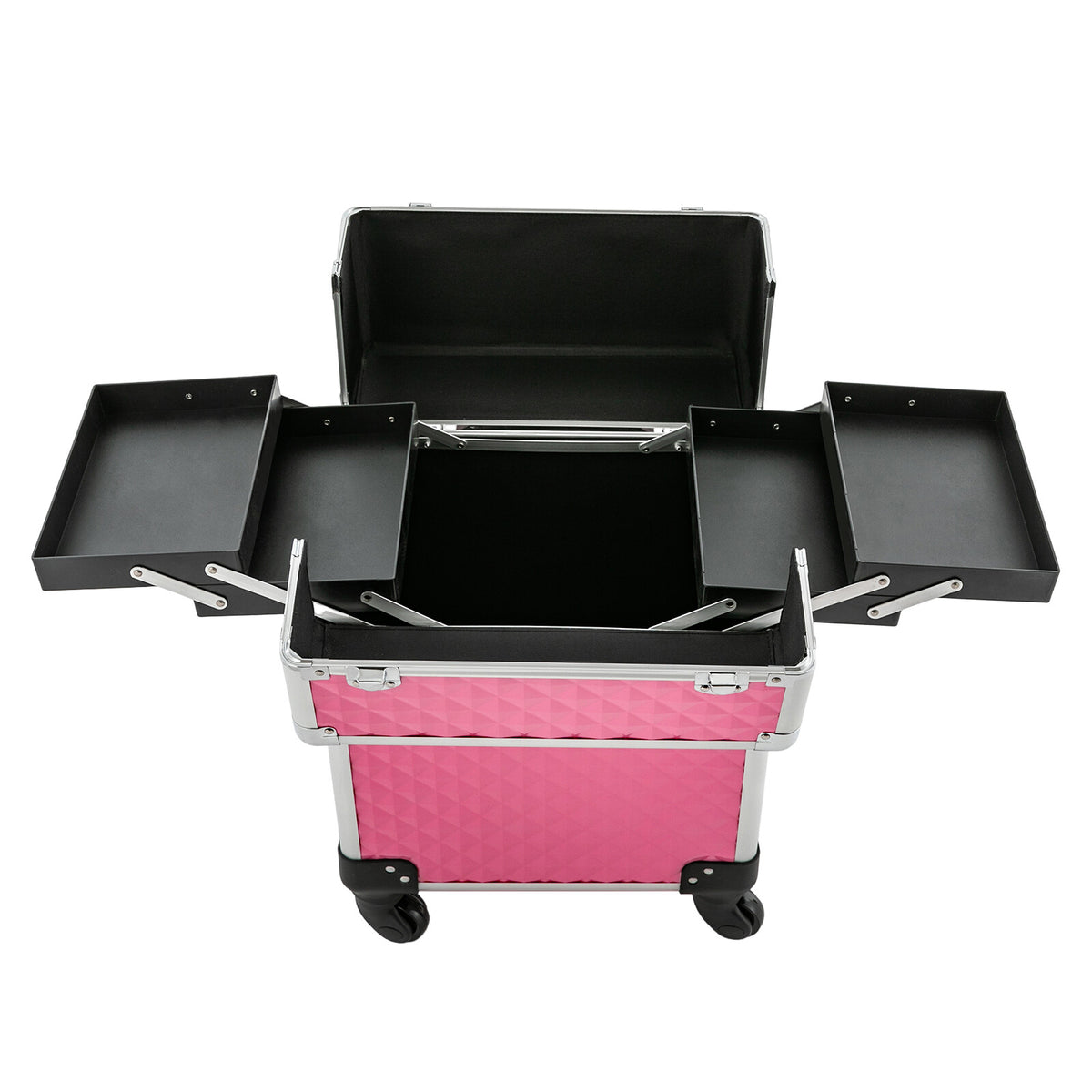 Rolling Aluminum Makeup Train Case with Lock & Wheels, Travel Cosmetic Organizer