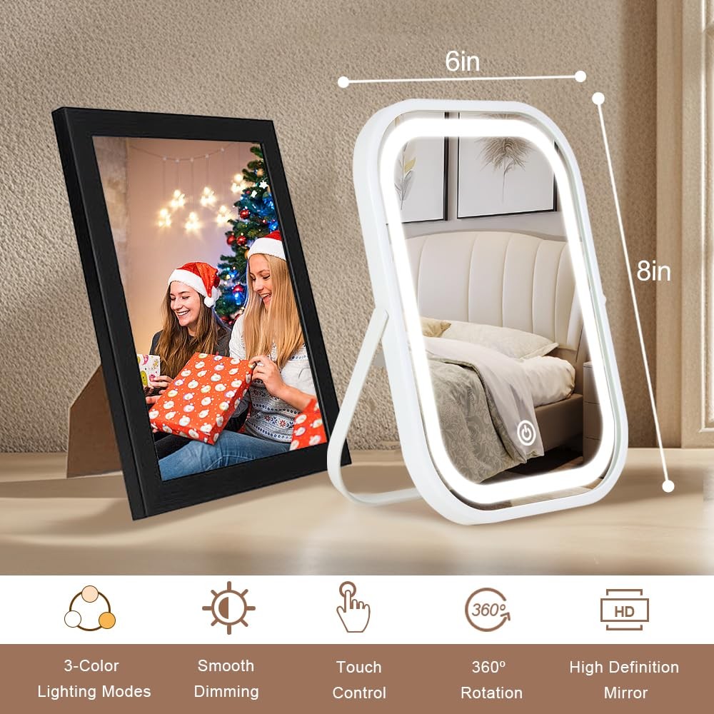 Travel Makeup Mirror with Lights - Portable LED Vanity Mirror, Rechargeable & 360° Rotation