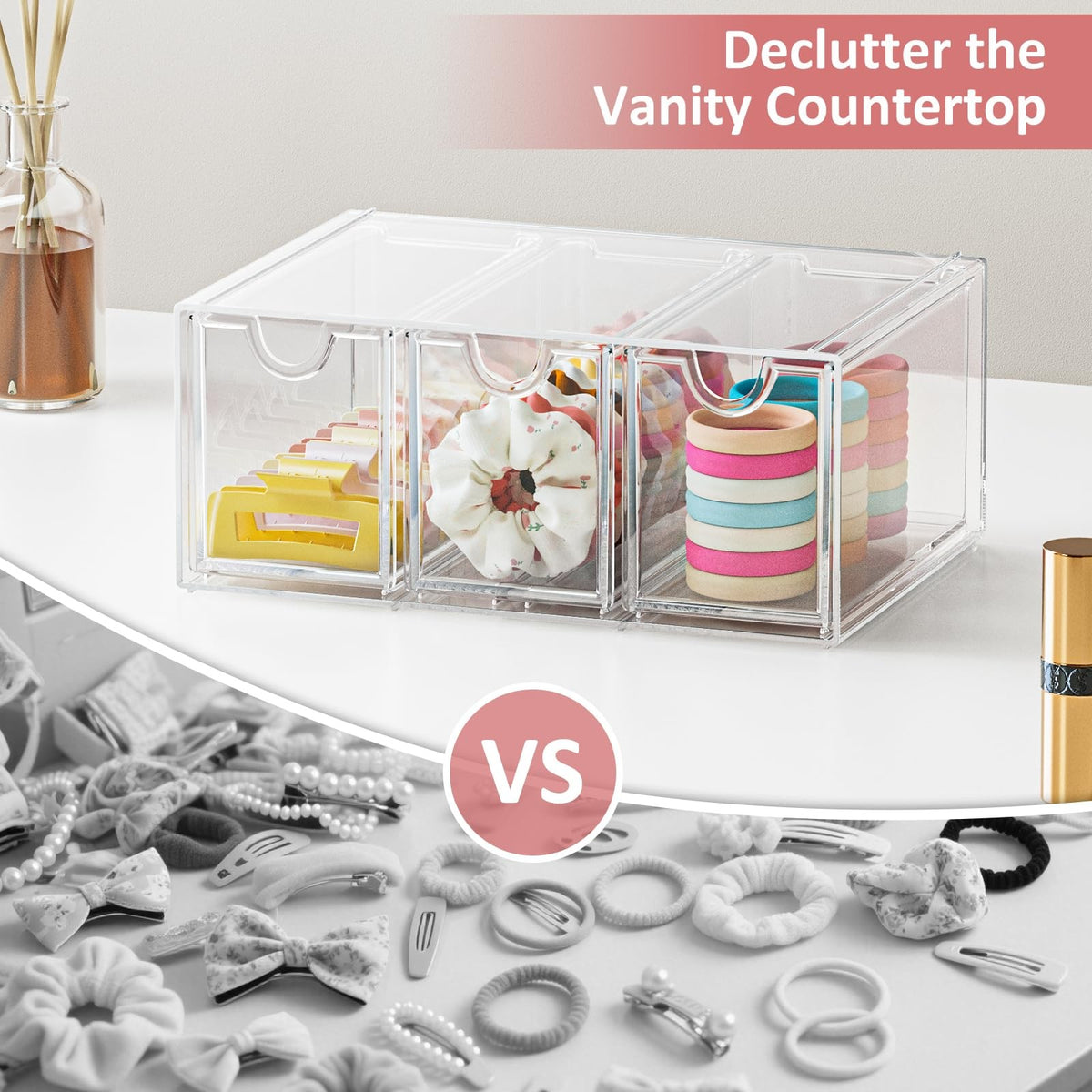 Clear Acrylic Hair Accessories Organizer with 3 Stackable Drawers for Girls