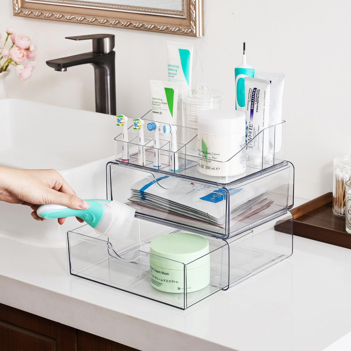 3 Tier Clear Makeup Organizer with Drawers for Cosmetics & Skincare