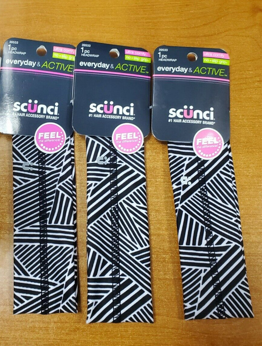 3 Pack: Scunci Everyday & Active No Slip Grip Headwrap Black White