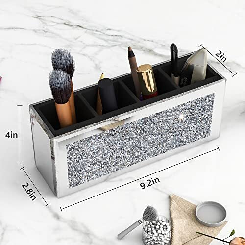 4 Slot Mirrored Makeup Brush Organizer Glass Storage Case with Crystals