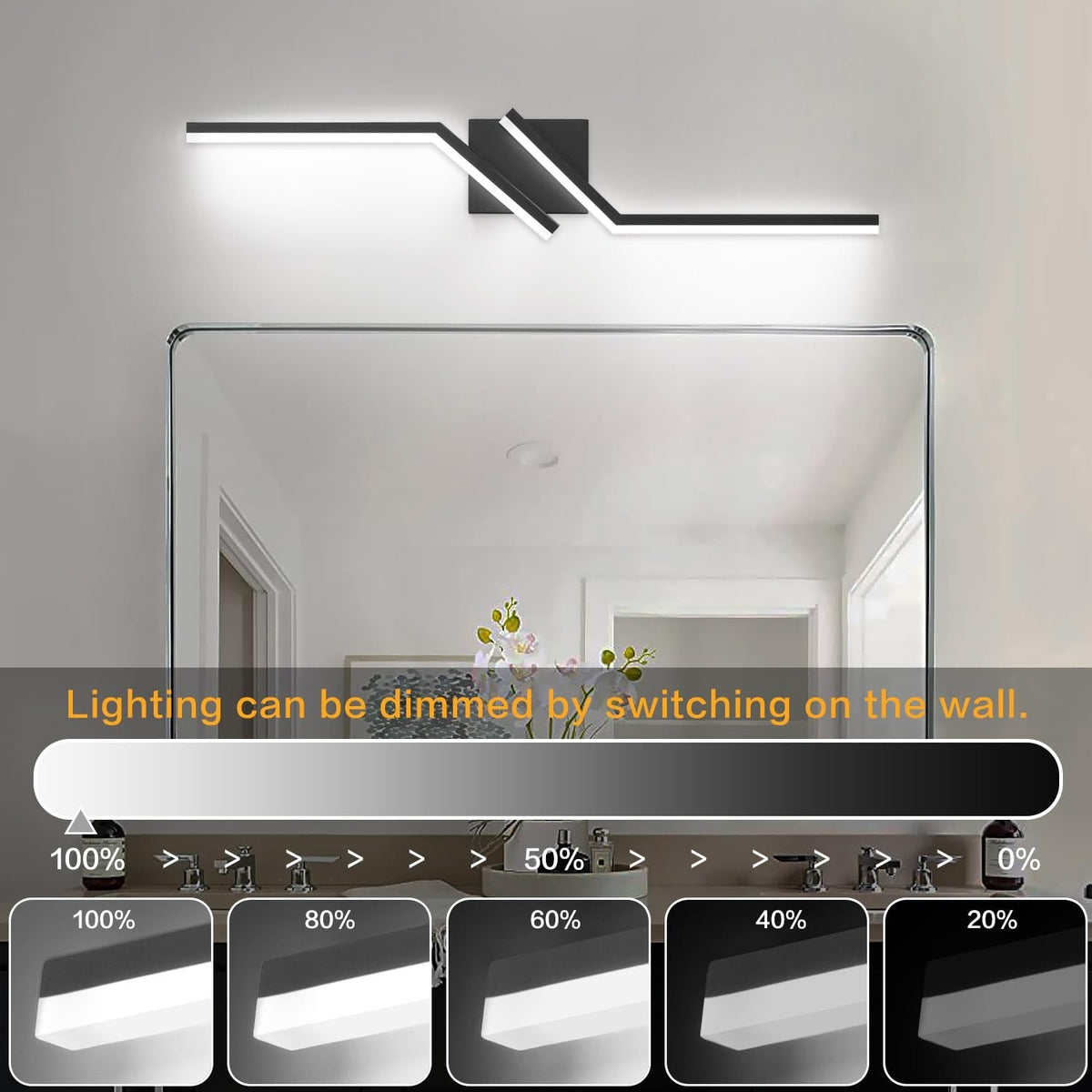 30-Inch Black Modern Dimmable Bathroom Vanity Light Over Mirror