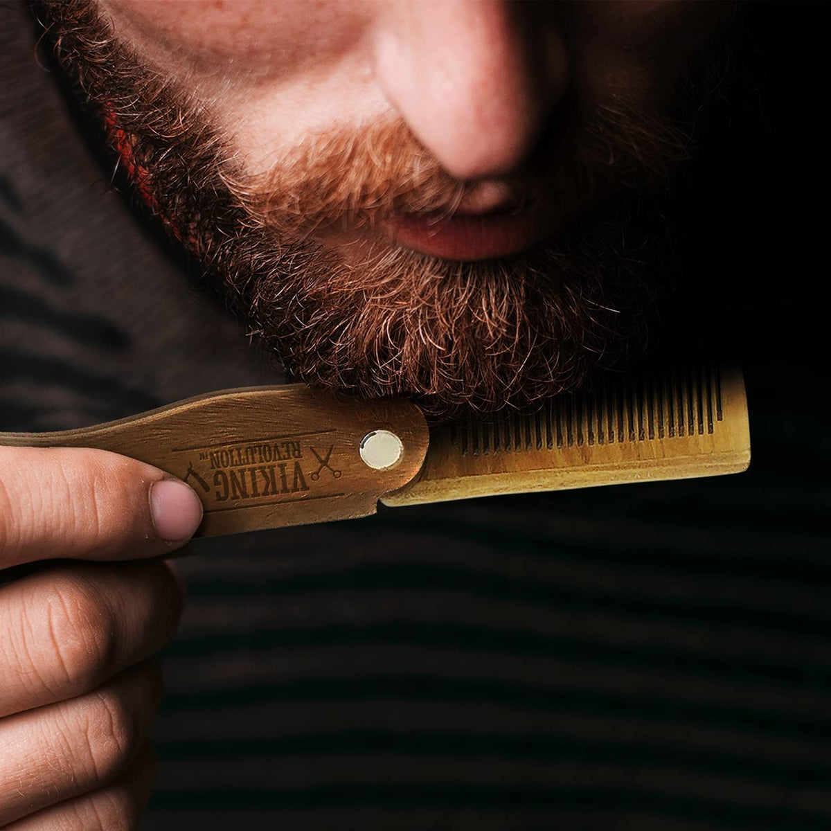 Folding Beard Comb with Wooden Teeth - Small Green Portable Grooming Tool