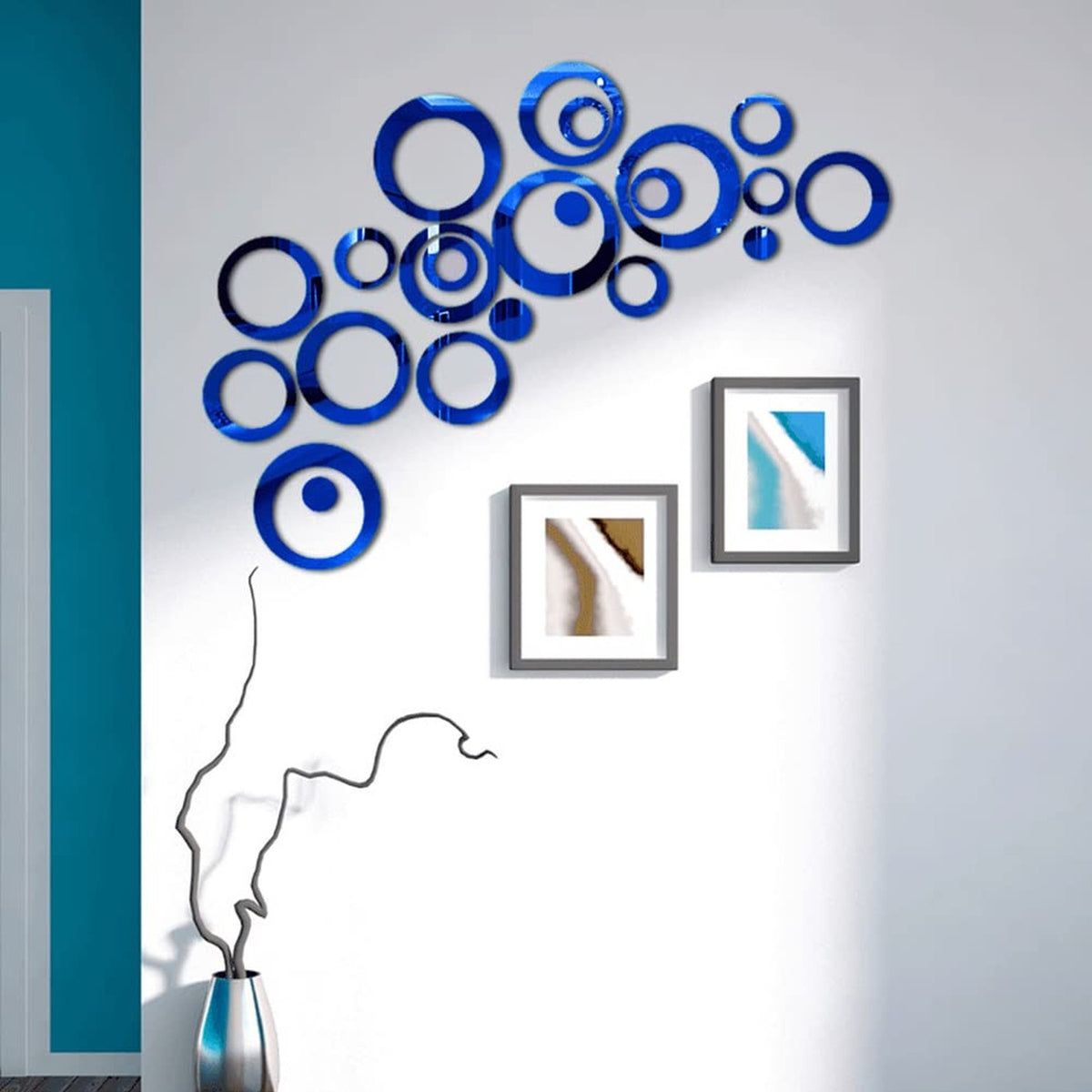 Removable Blue 24-Piece Acrylic Mirror Wall Decals - Round Reflective Stickers for Living Room & Bedroom