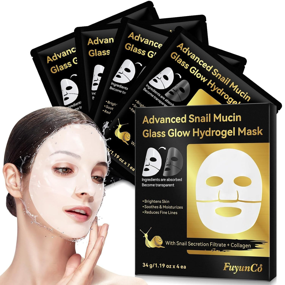 Hydrating Snail Mucin Hydrogel Face Mask Pack of 4 - Anti-Aging & Moisturizing