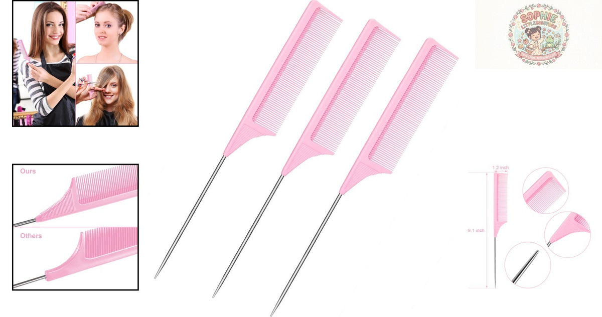 Pink Carbon Fiber Heat-Resistant Teasing Comb Set with Metal Pick for Hair Styling