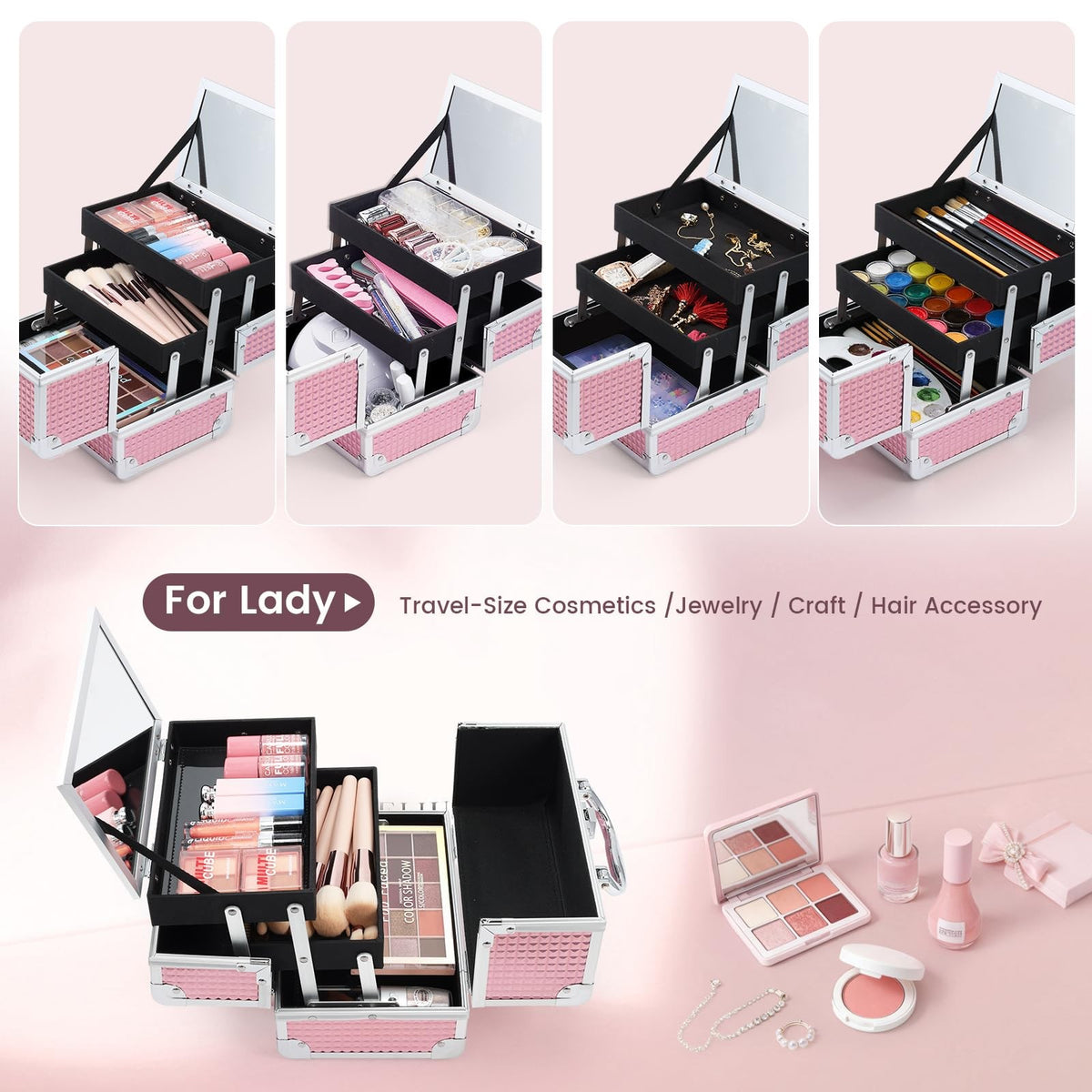 Pink Makeup Train Case with Mirror Portable Organizer Locking Hard Box