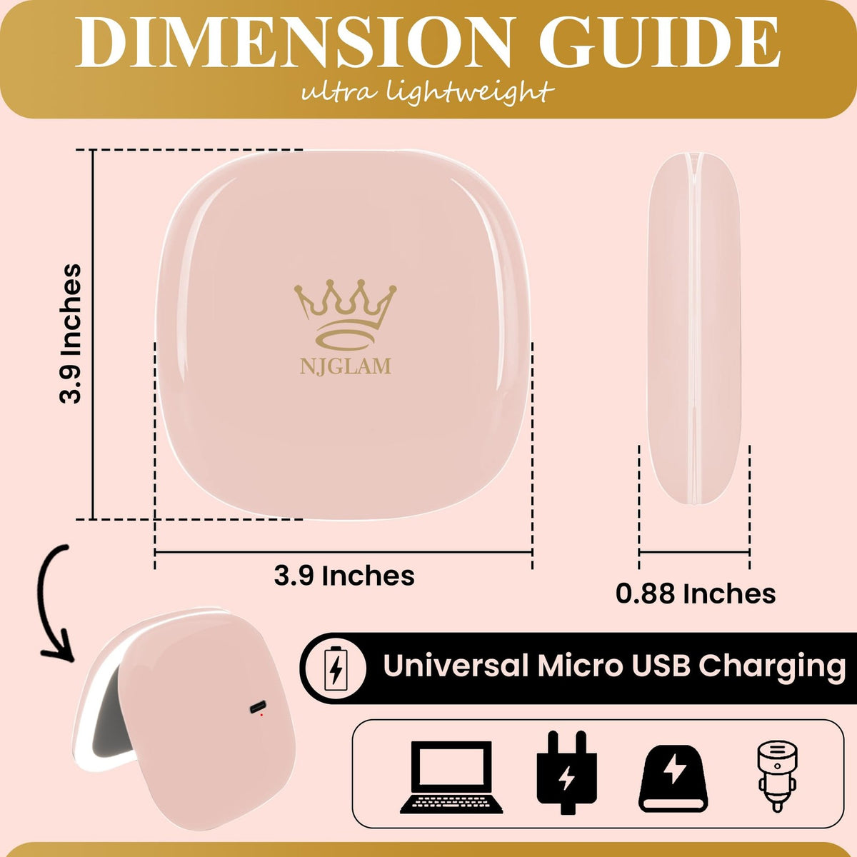 Pink Lighted Compact Makeup Mirror with 1X/10X Magnification, USB Rechargeable, 3 Light Settings