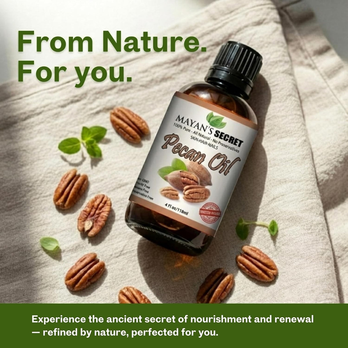 Pure Pecan Oil for Hair Skin Body Care - Cold Pressed 4oz