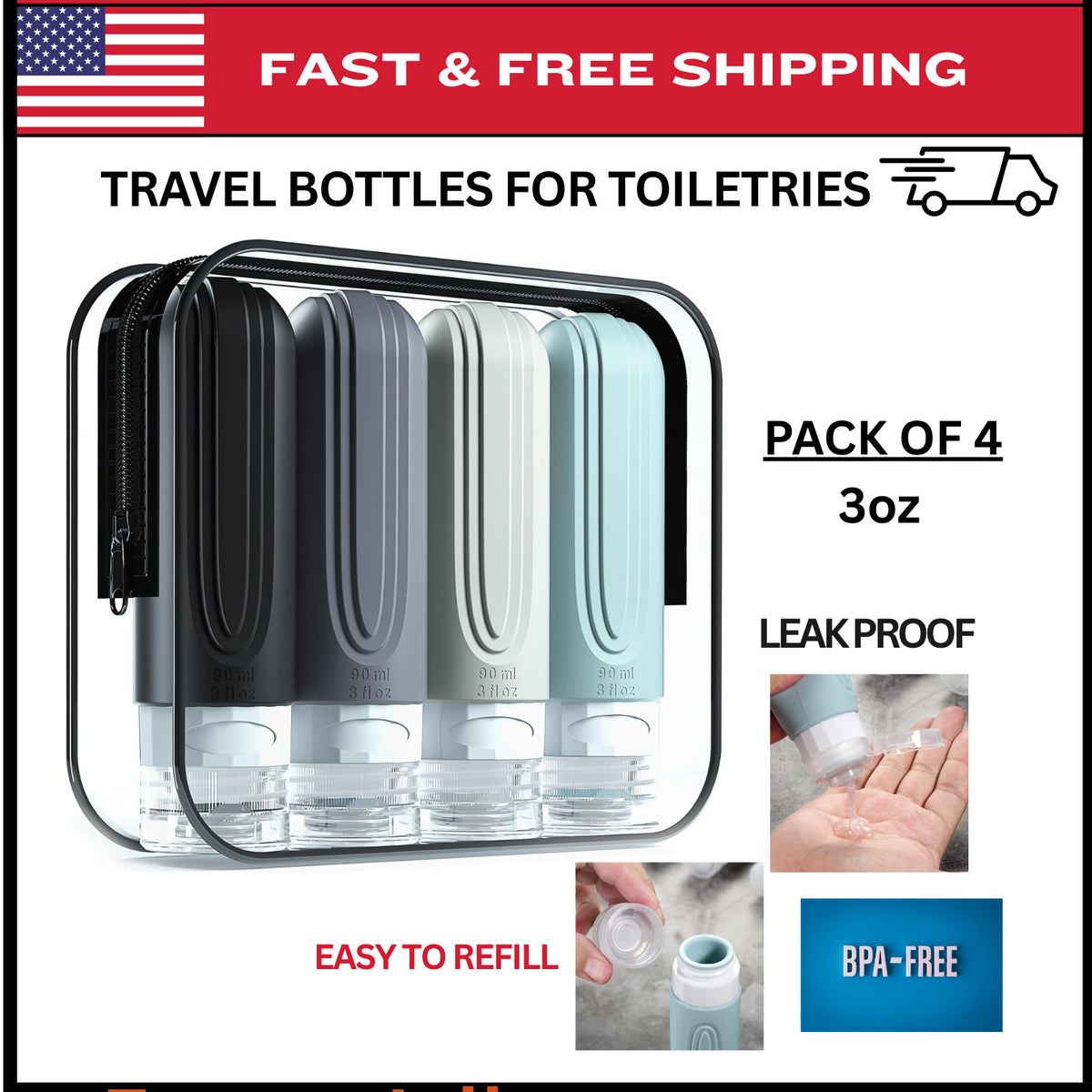 Travel Bottles Set TSA Approved Silicone Toiletry Containers 3oz Pack of 4