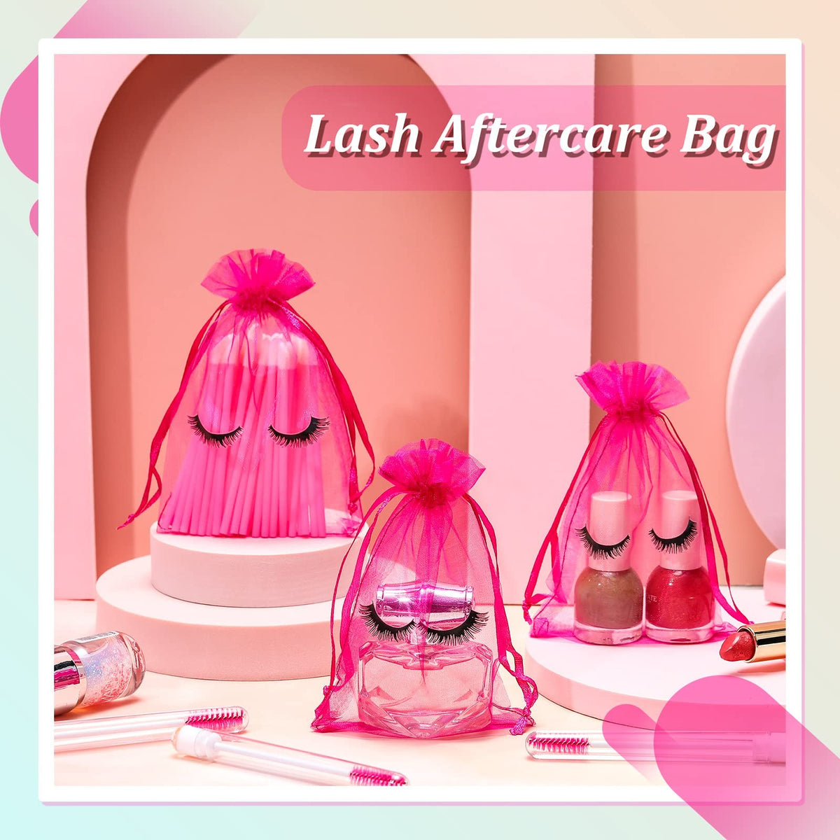 Eyelash Aftercare Bags 100 Pcs Organza 4 x 6 Inches Pink Storage Pouches