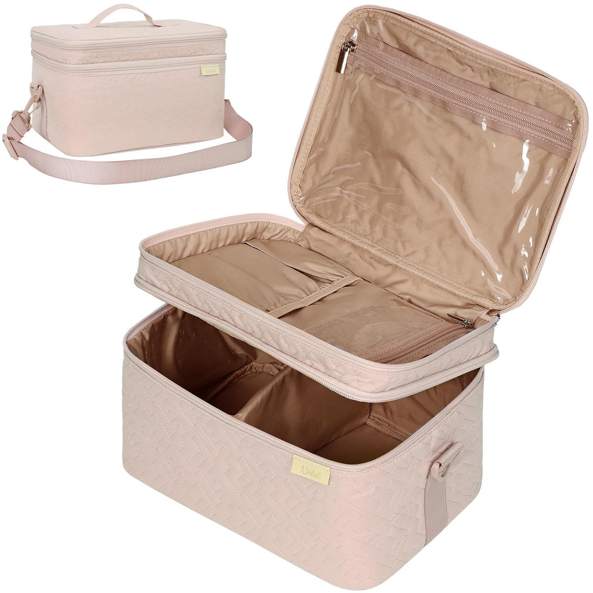 Double Layer Makeup Bag Organizer Travel Cosmetic Case with Adjustable Dividers