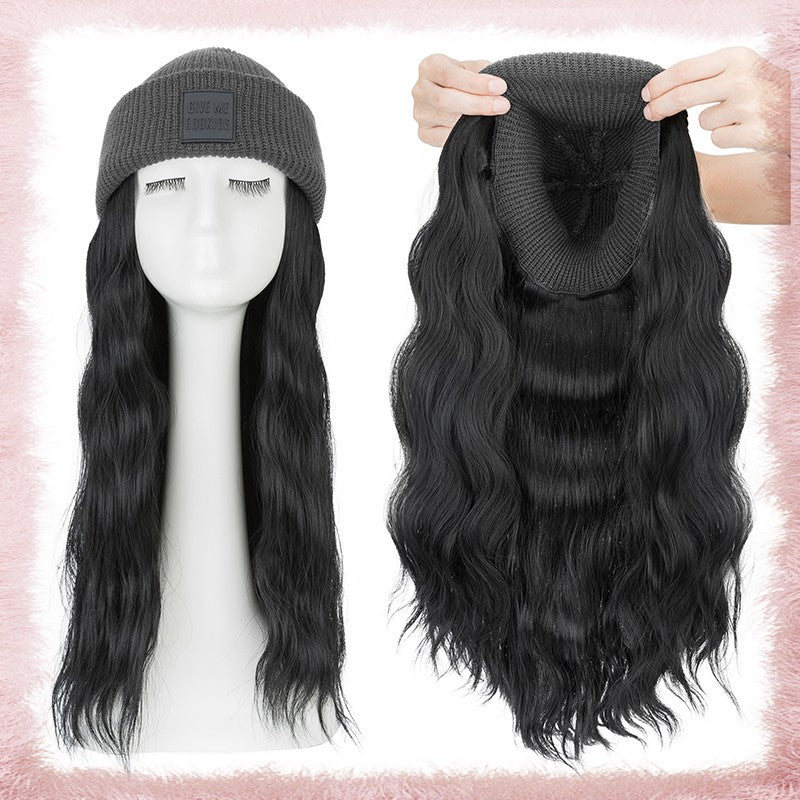Women Knitted Wavy Wig Winter Beanie Hat - Long Curly Synthetic Hair