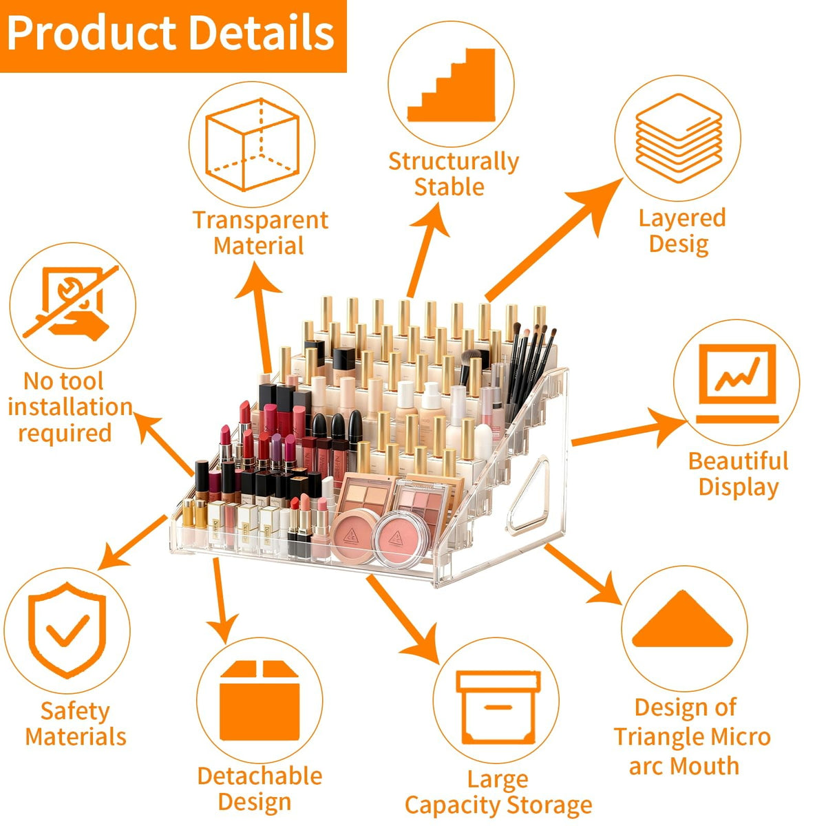 7-Layer Acrylic Nail Polish Organizer Display Case with Detachable Stand