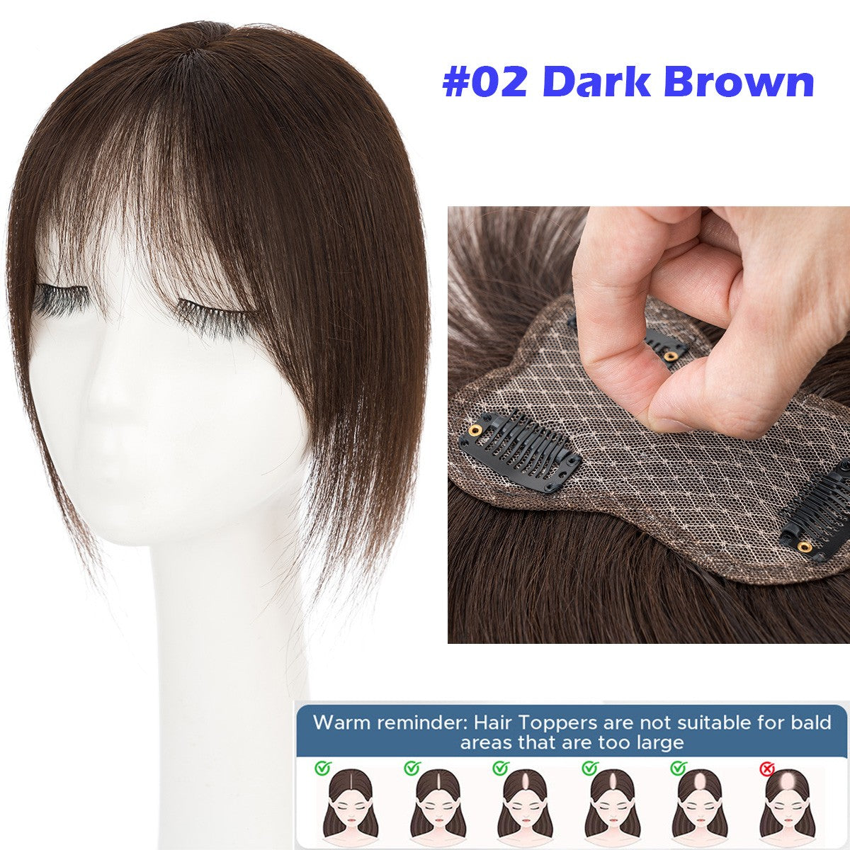Remy Human Hair Clip-In Topper with Silk Lace Base & Bangs - Custom Sizes & Colors