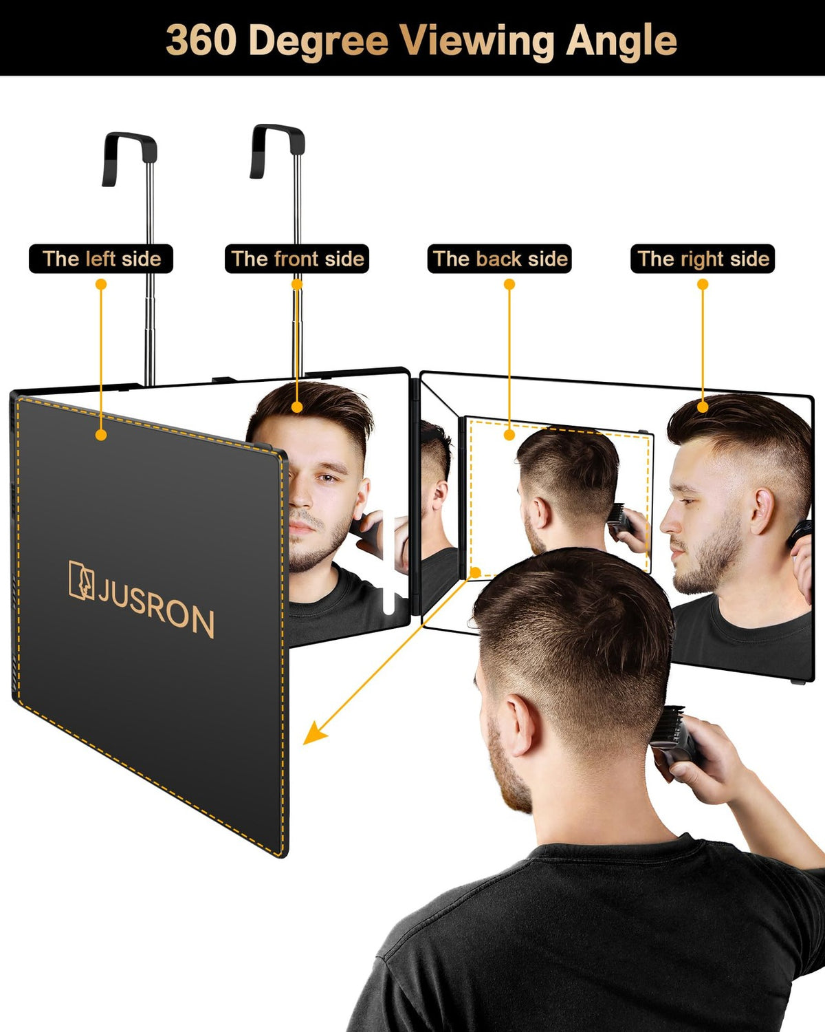 Self Hair Cutting Mirror with 360° View, Anti-Fog HD Glass, USB Rechargeable & Adjustable Height