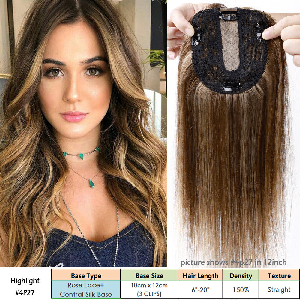 Clip-In Human Hair Topper with Silk Base for Women - Natural Look & Various Sizes