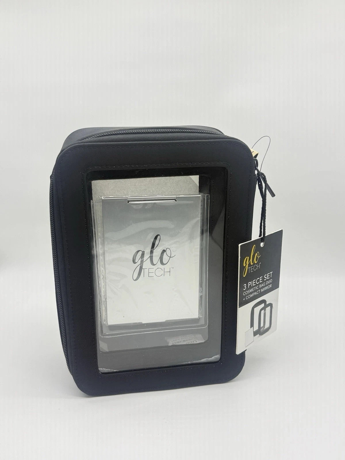 Travel Cosmetic Bag Set with Compact Mirror - Black 3-Piece Organizer
