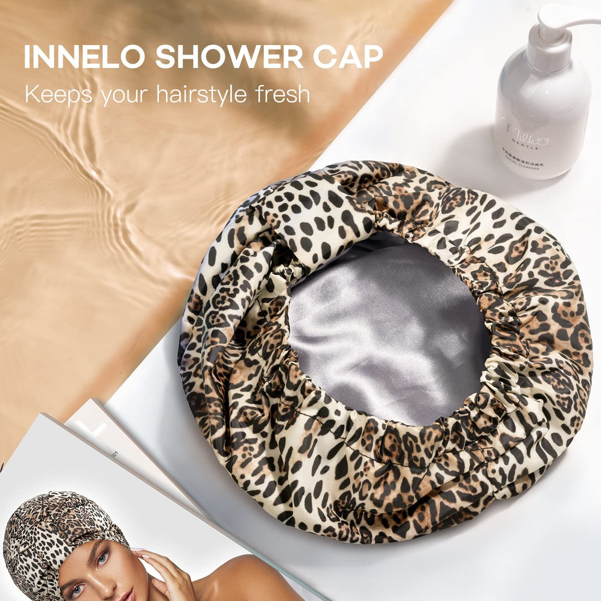 INNELO Luxury Shower Cap for Women Reusable Waterproof, One Size,