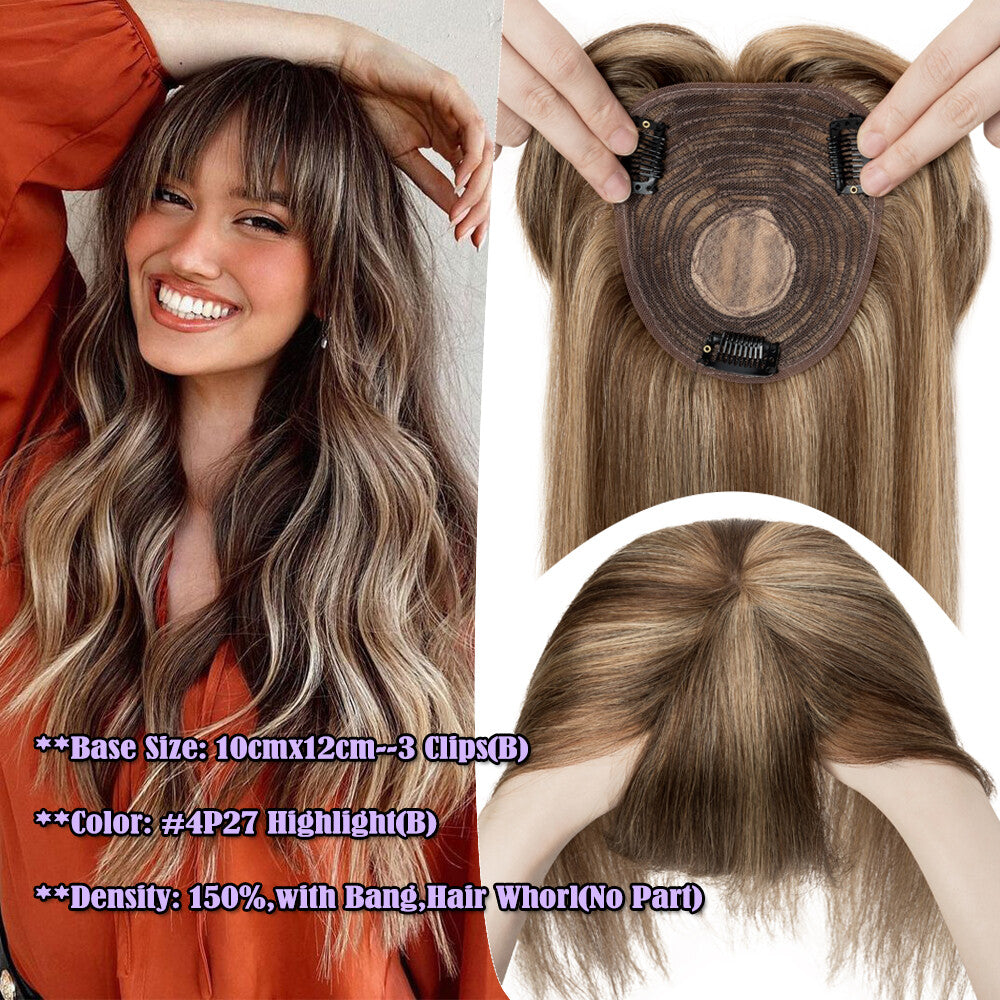 Human Hair Topper Clip-In Hairpiece with Silk Base - Brown, 6-12 Inches