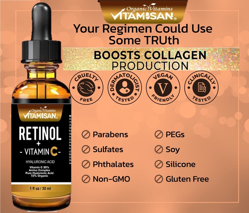 Retinol Vitamin C Hyaluronic Acid Face Serum Anti-Aging Wrinkle Treatment - 3 Oz