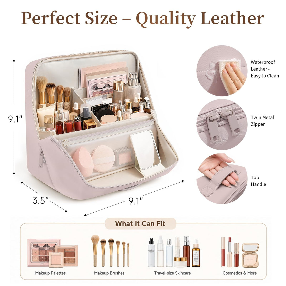 Travel Makeup Bag Large Capacity with Multiple Compartments - Leather Portable Organizer