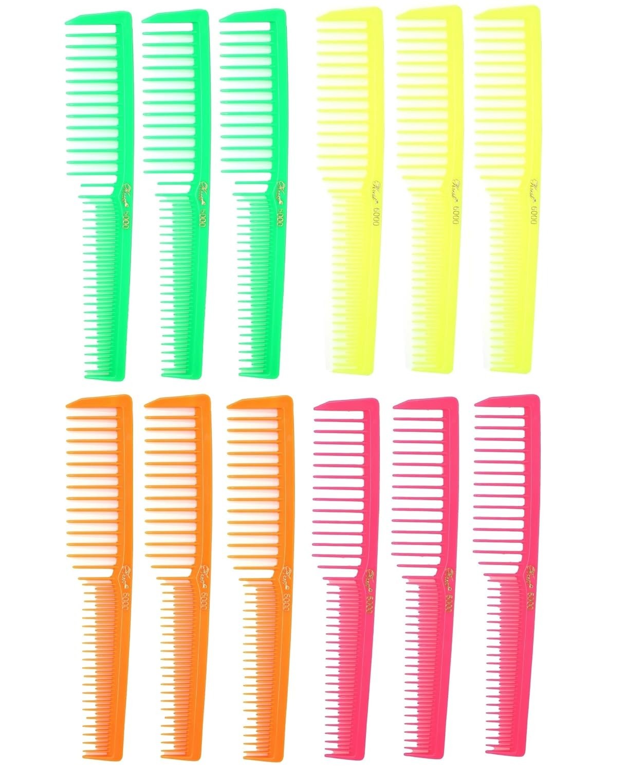 Neon Hair Comb Set - 12 Wide Tooth Teasing Combs for All Hair Types