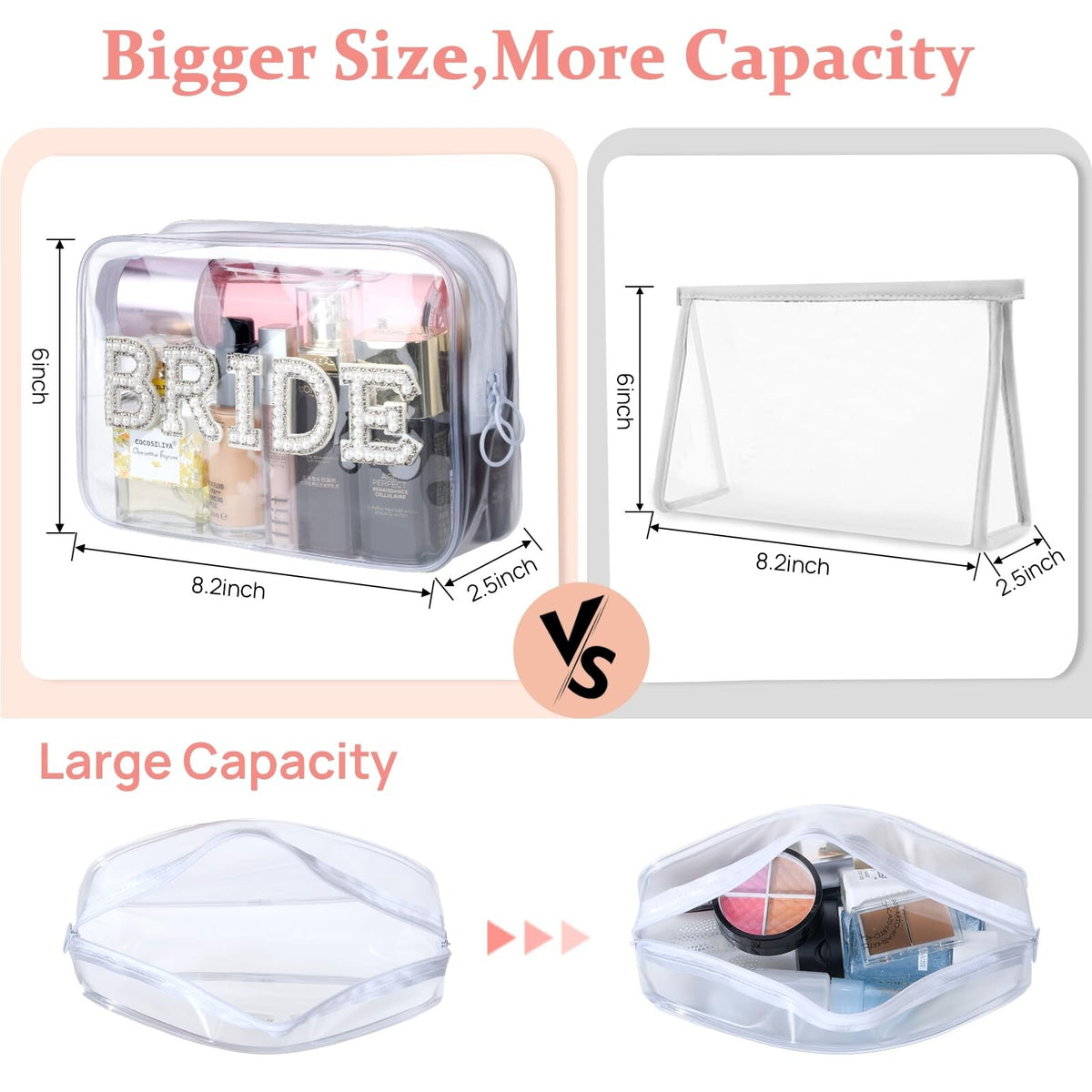 Clear Bridal Makeup Bag with Pearls and Rhinestone Patches - Wedding Travel Organizer