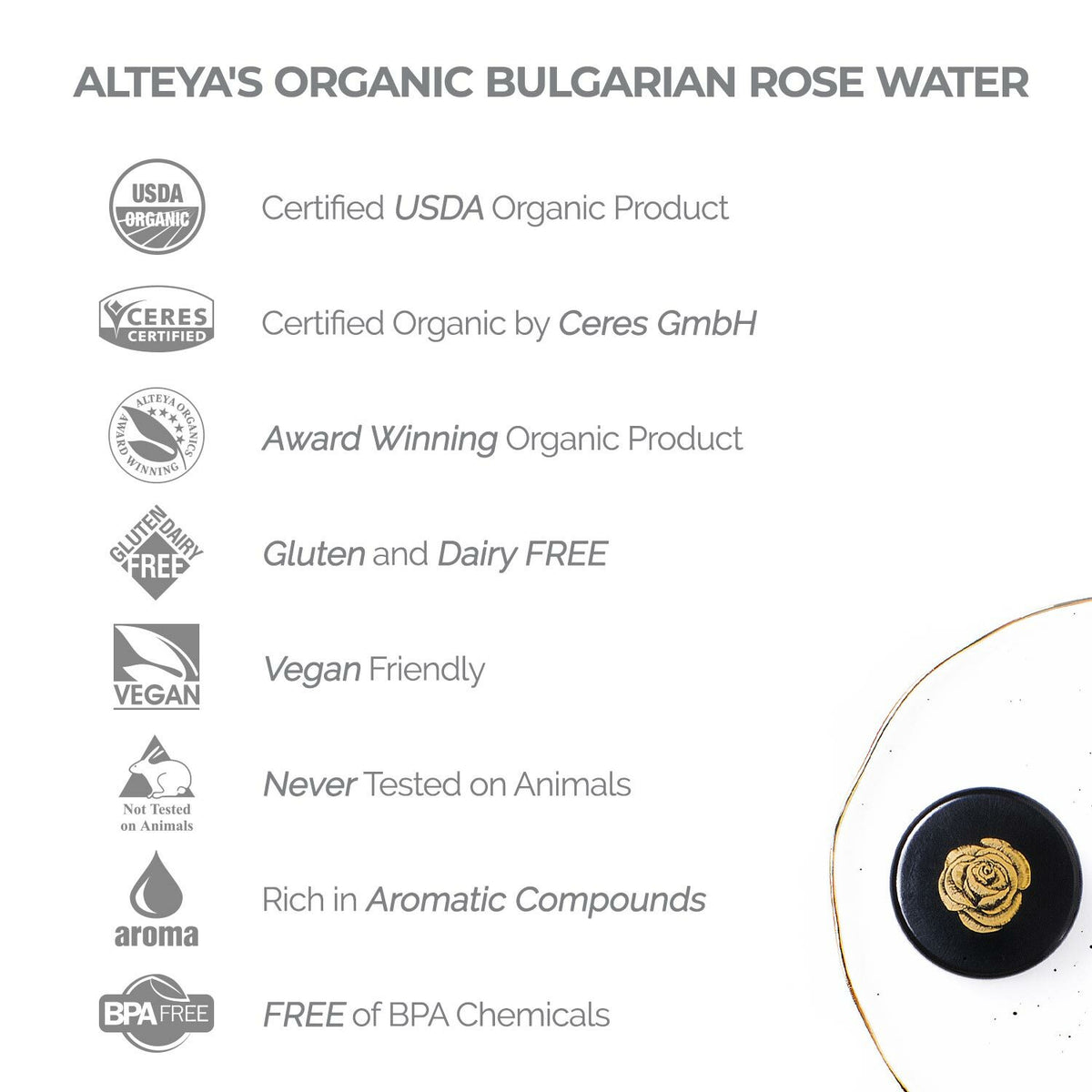 Organic Rose Water - Pure Bulgarian Floral Hydrosol for Skin Care & Sensitive Skin