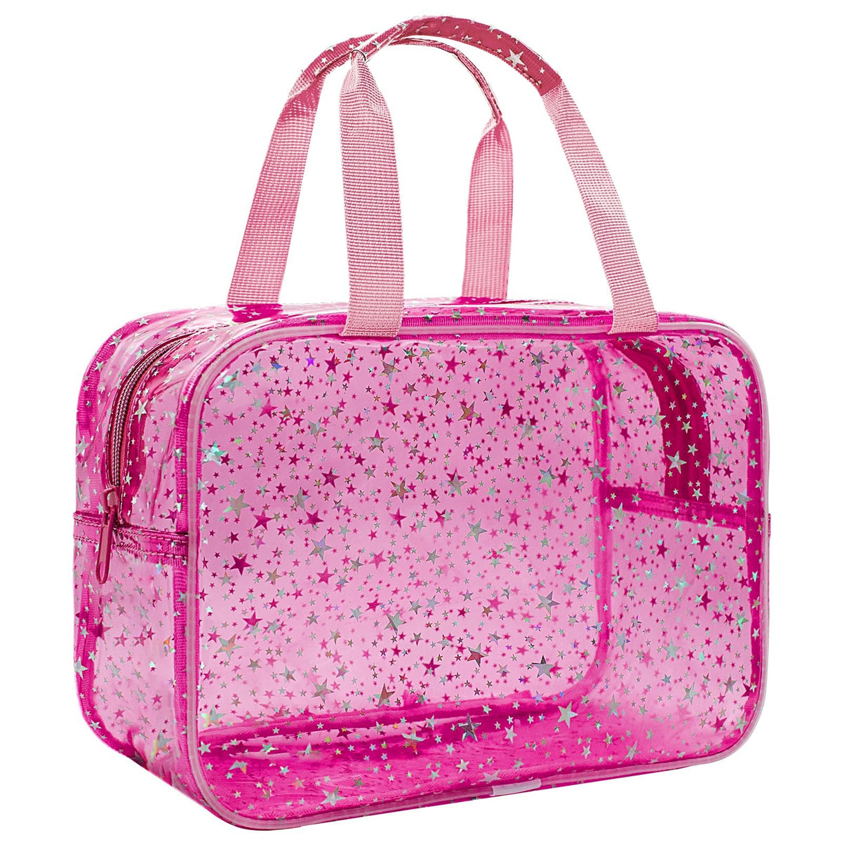 Large Clear Red Star Makeup Bag - Travel Cosmetic Organizer with Handle