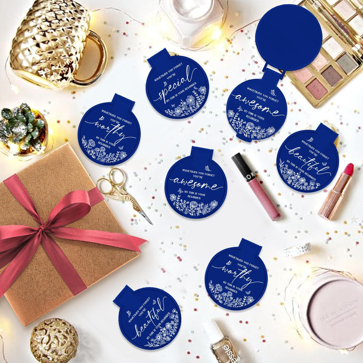 100 Pcs Blue Compact Mirror Set – Pocket Folding Makeup Mirrors with Messages