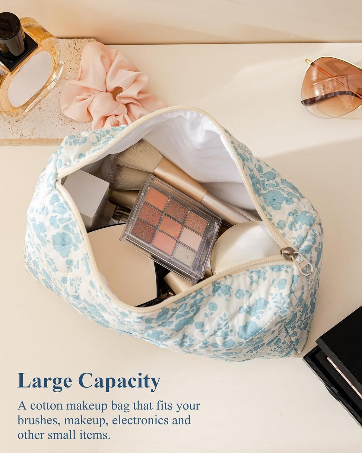 Large Cotton Travel Makeup Bag with Floral Quilted Design for Women