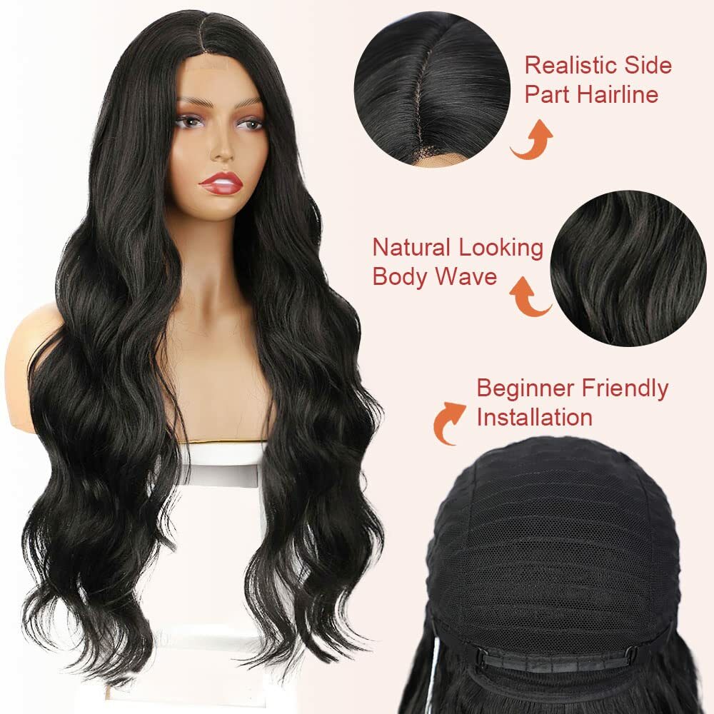 Black Long Body Wave Wig for Women - Natural Curly Wavy Full Hair Extension
