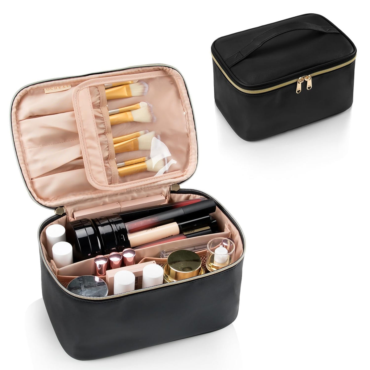 Portable Black Makeup Bag with Brush Partition & Waterproof Vegan Leather
