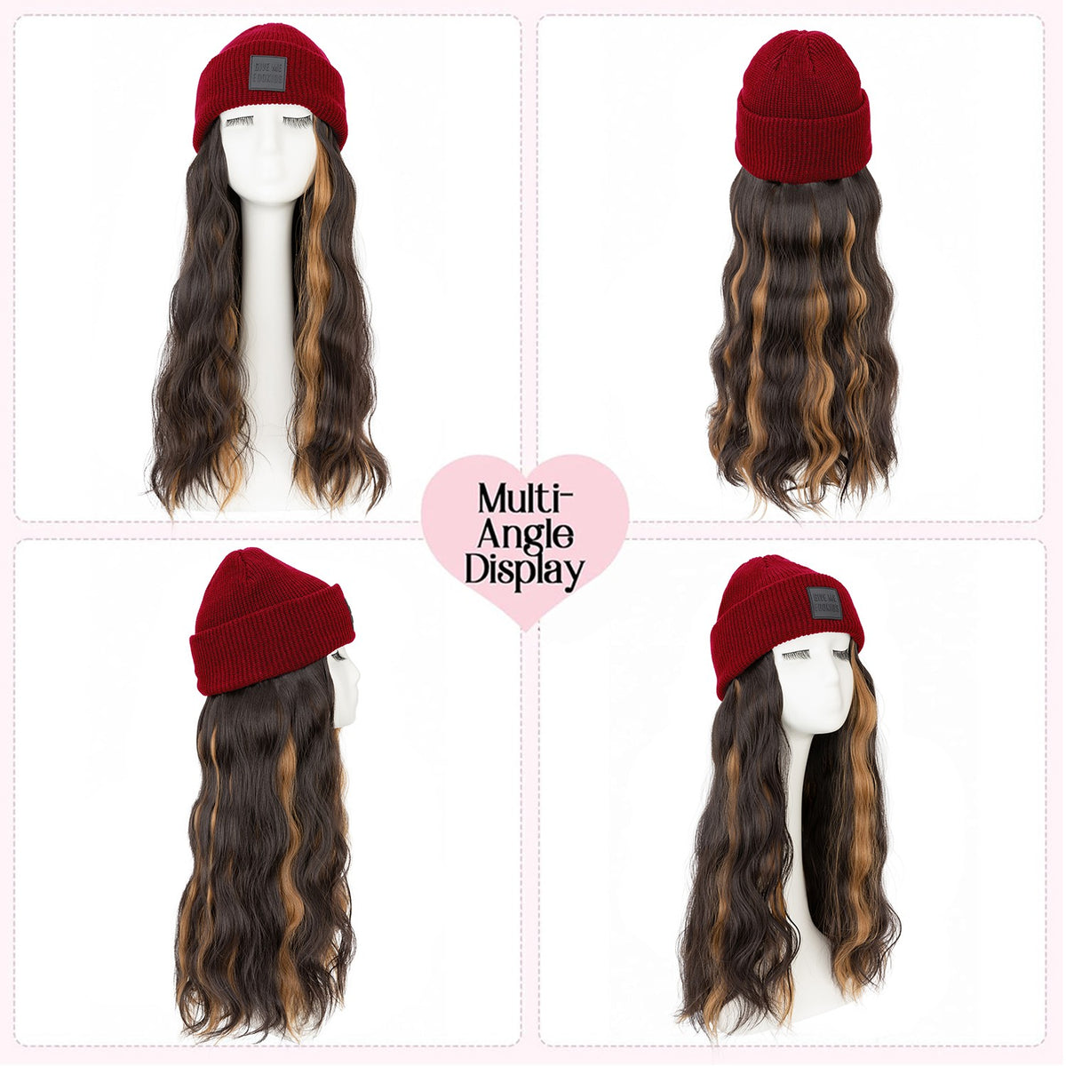 Winter Knit Beanie Hat with Attached Hair for Women - Warm Water Wave Style