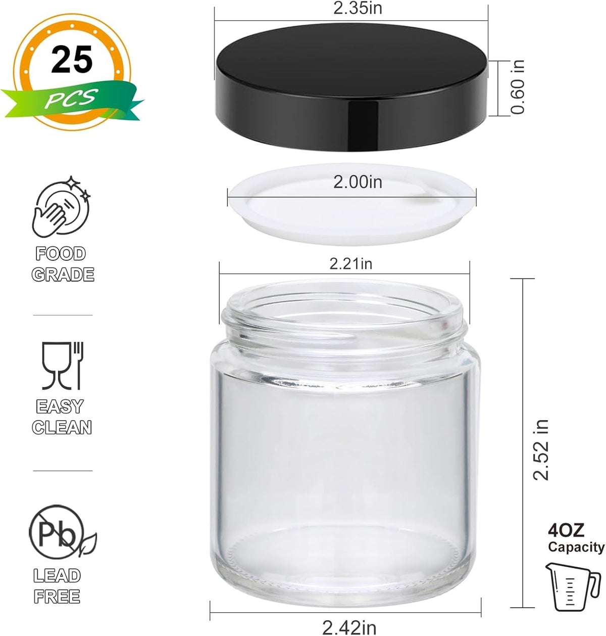 Glass Cosmetic Jars with Black Lids - Leak-Proof Travel Containers 25-Pack