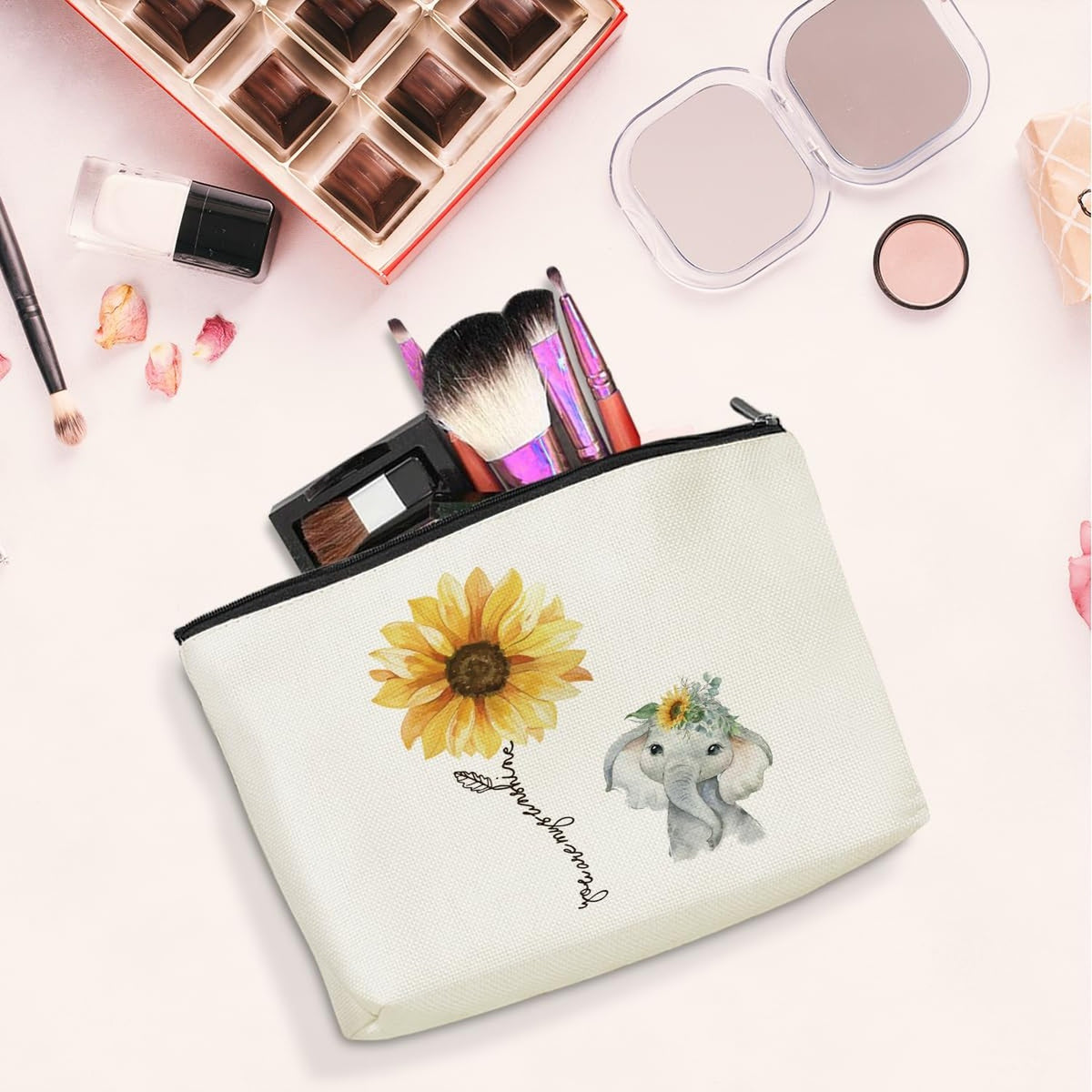 Funny Sunflower Elephant Makeup Bag for Women Travel & Gift
