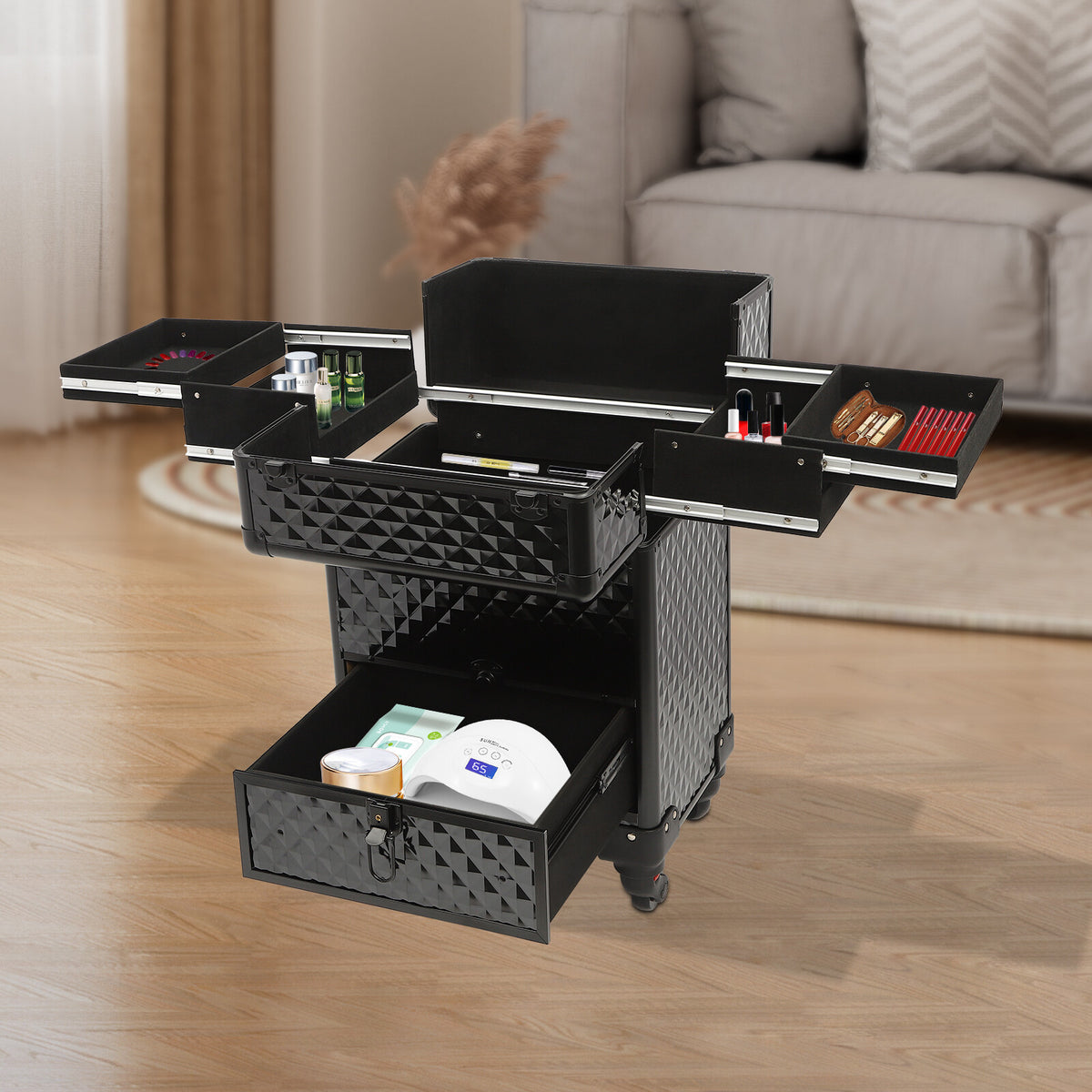 Rolling Makeup & Nail Desk Station with 7 Compartments - Black