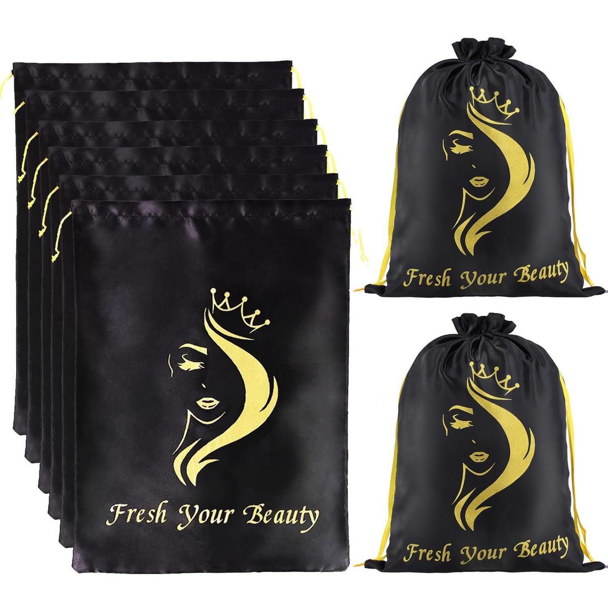 Silk Satin Hair Extension & Wig Storage Bags with Drawstring - 6 Pack