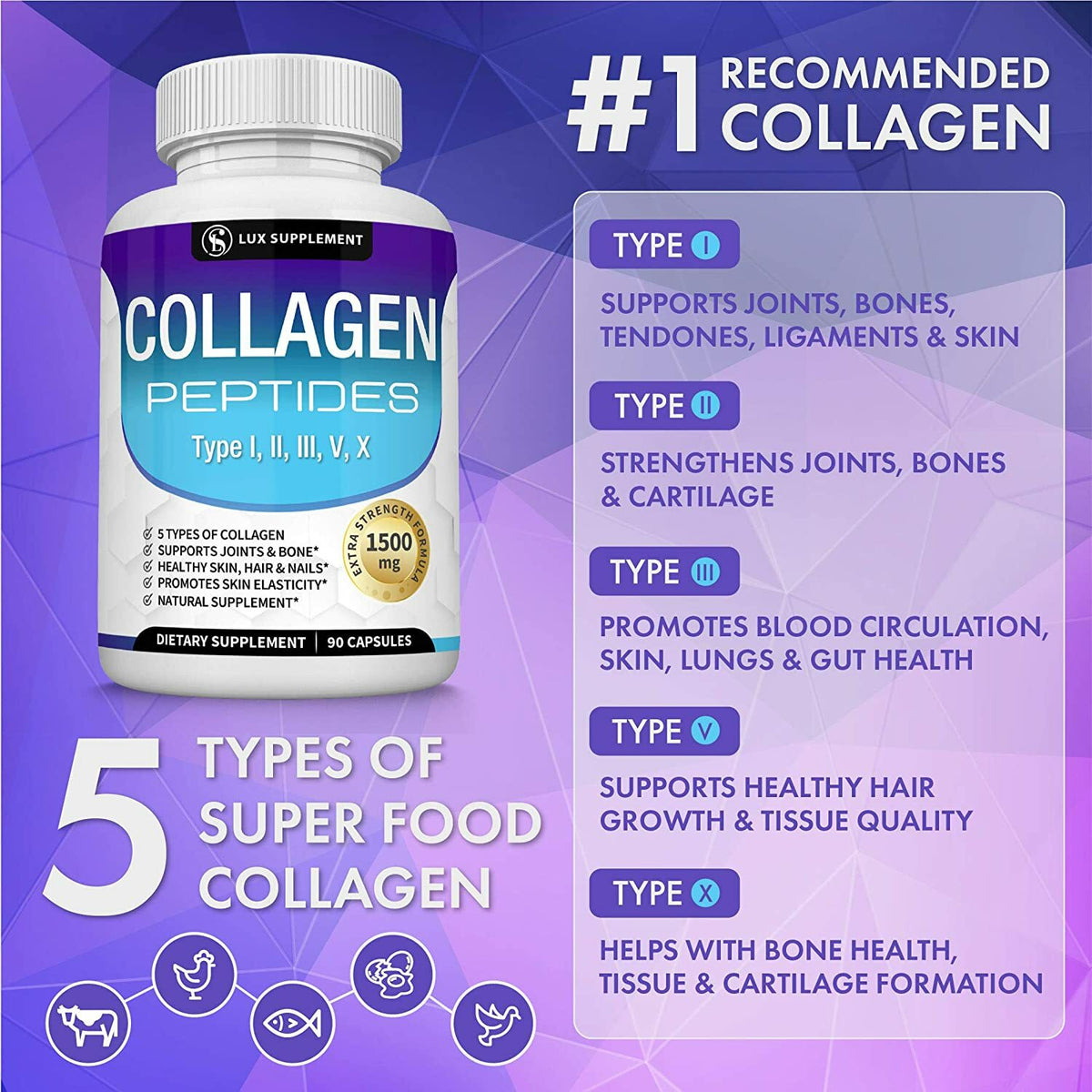 Collagen Peptides Supplement 1500MG Hydrolyzed Anti-Aging Capsules for Skin Hair Nails & Joints