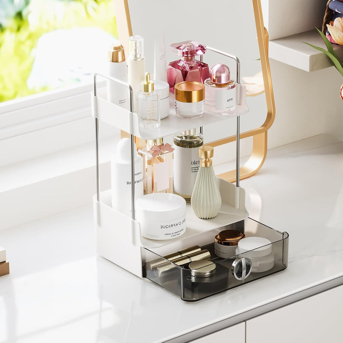 Small Makeup Vanity Organizer with Drawer, 2-Tier Bathroom Countertop Storage