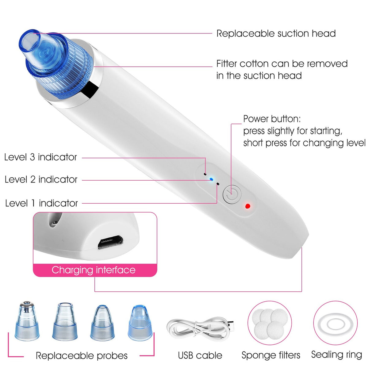 Electric Blackhead Remover Vacuum Pore Extractor with 4 Probes - USB Rechargeable