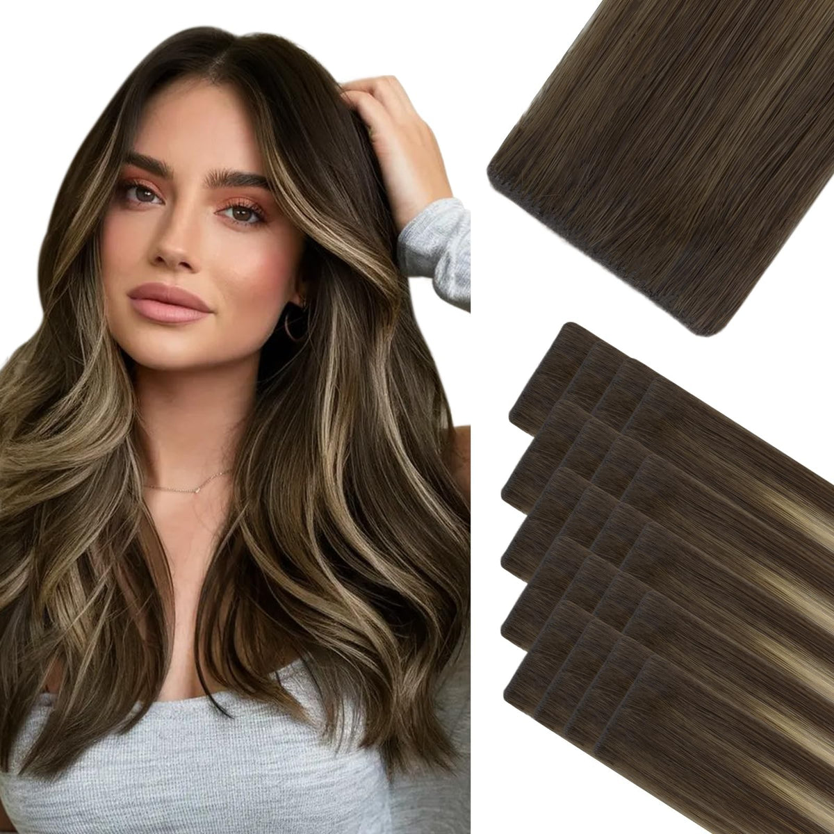 Human Hair Extensions Tape-In 16 Inch - Chocolate Brown Honey Blonde