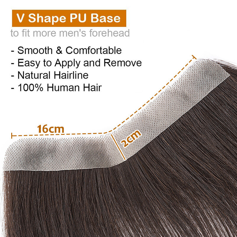 Men's Hairline Toupee Frontal Hairpiece with V-Shape PU Thin Skin Base - Remy Human Hair