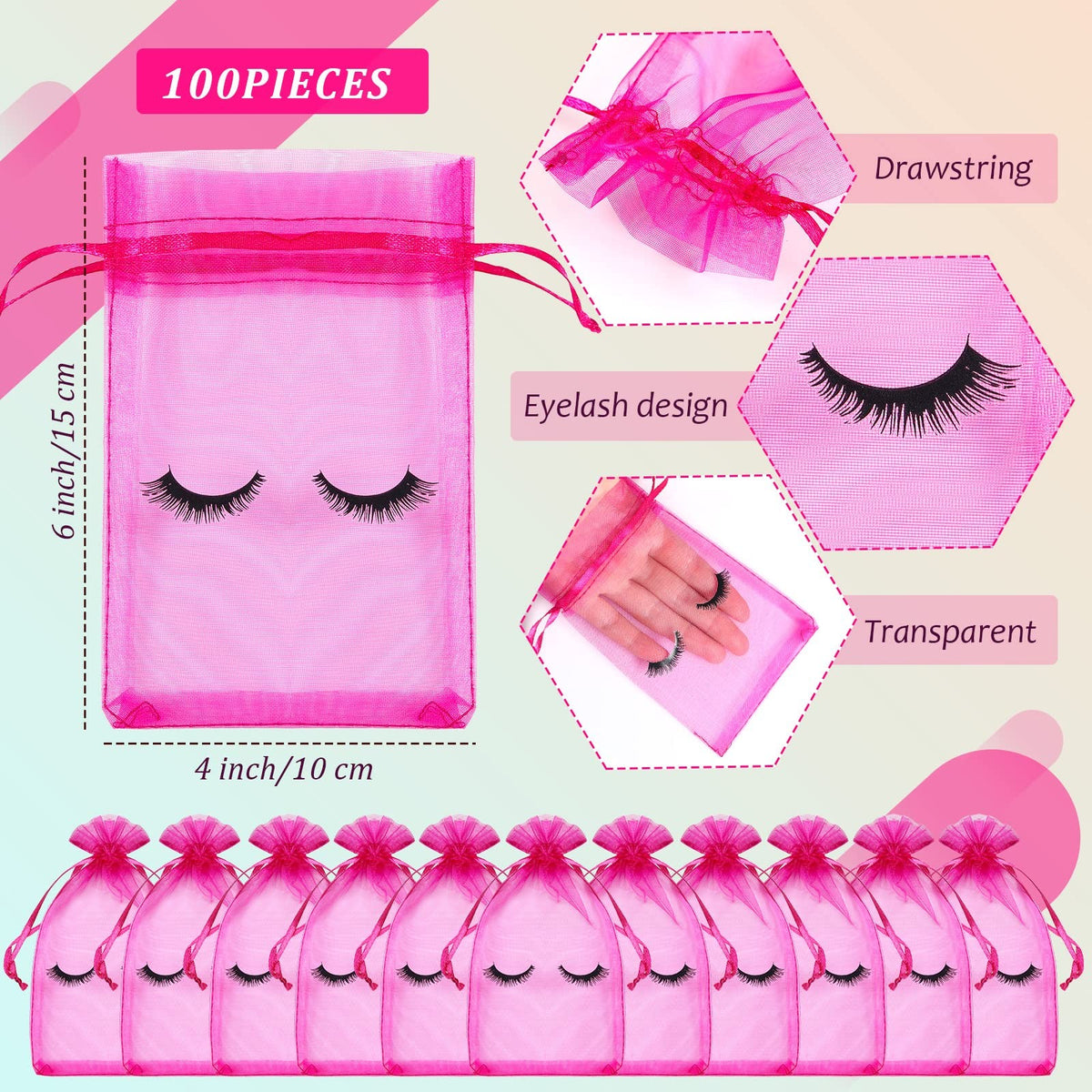 Eyelash Aftercare Bags 100 Pcs Organza 4 x 6 Inches Pink Storage Pouches
